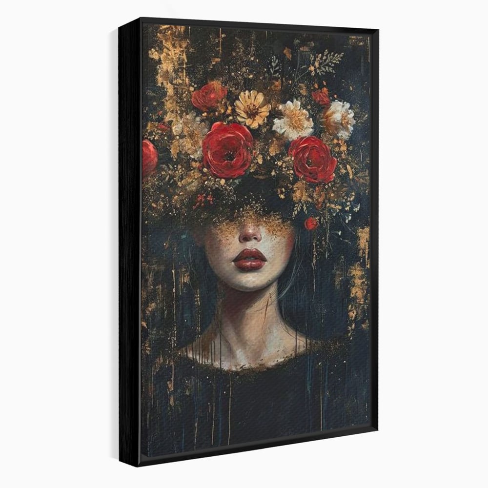 Tablou canvas cu tablou canvas cu portret de femeie si trandafiri rosii, in rama de aluminiu negru